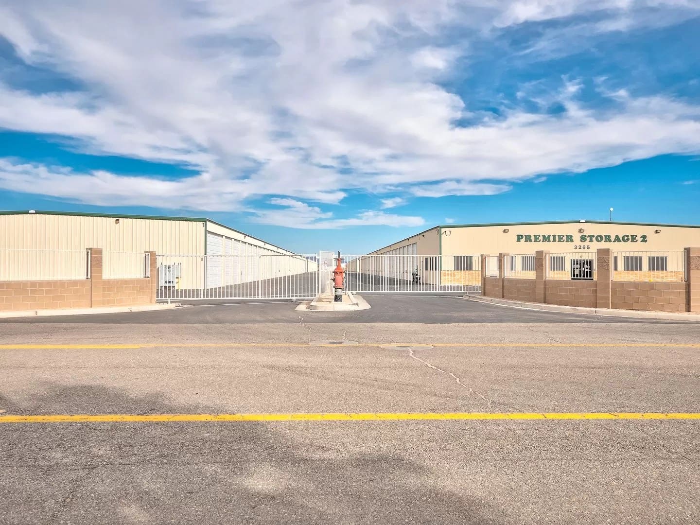 Street entrance between storage buildings
