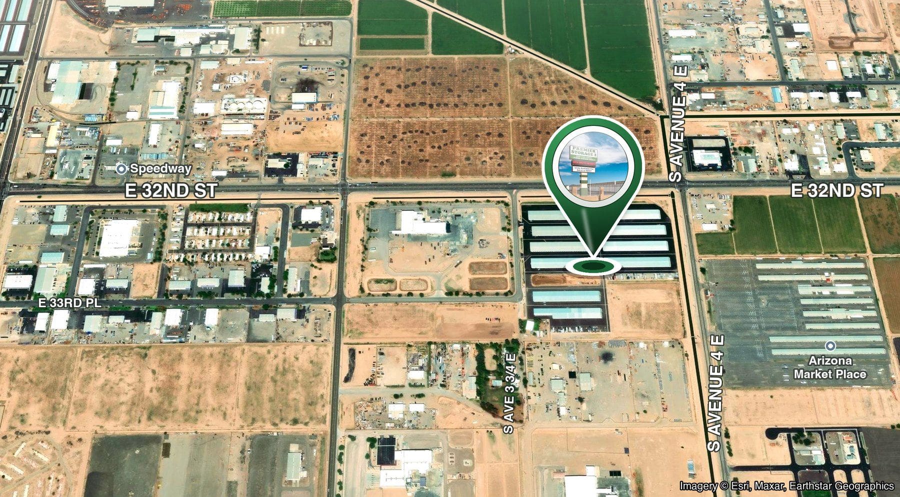Satellite map of Premier Storage 2 on E 32nd St between S Ave 3 3/4 E and S Avenue 4 E in Yuma, across from Arizona Market Place